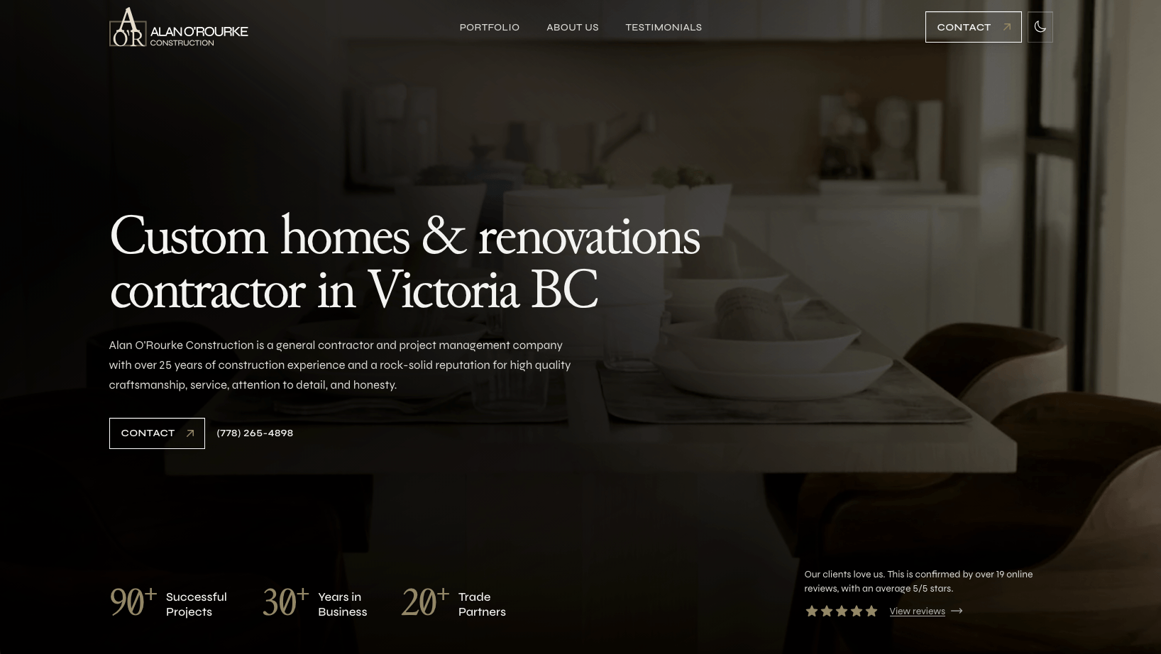 Alan O'Rourke Construction homepage hero section