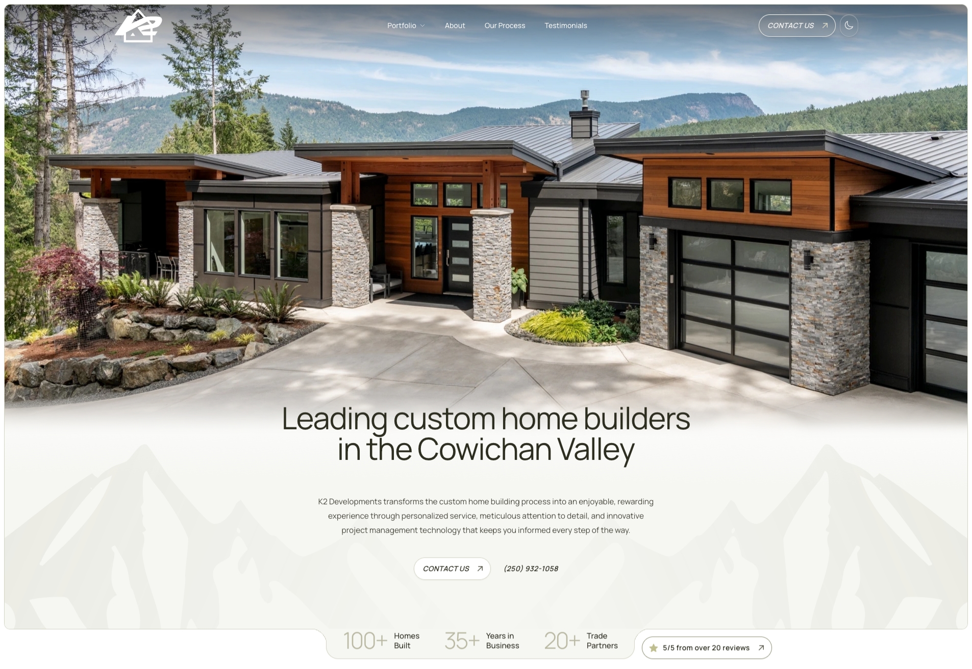 K2 Developments homepage hero section